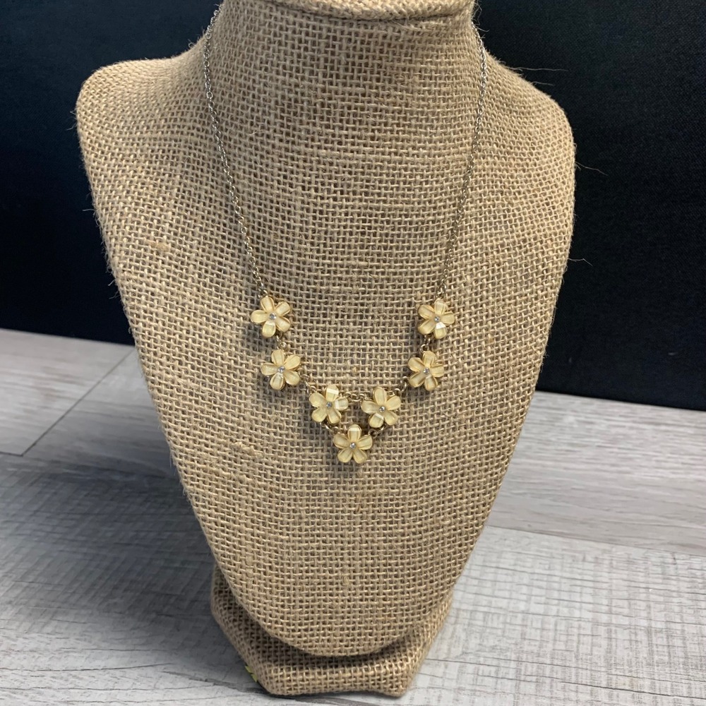 Claire's Gold Tone Cream Floral Rhinestone Bib Necklace 16 Inch Adjustable